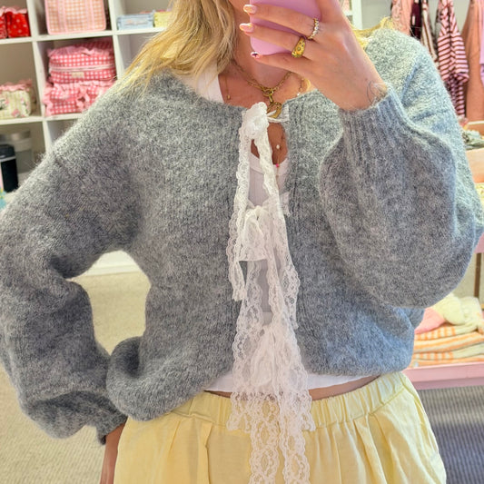 Tie Up Lace Ribbon Grey Cardigan