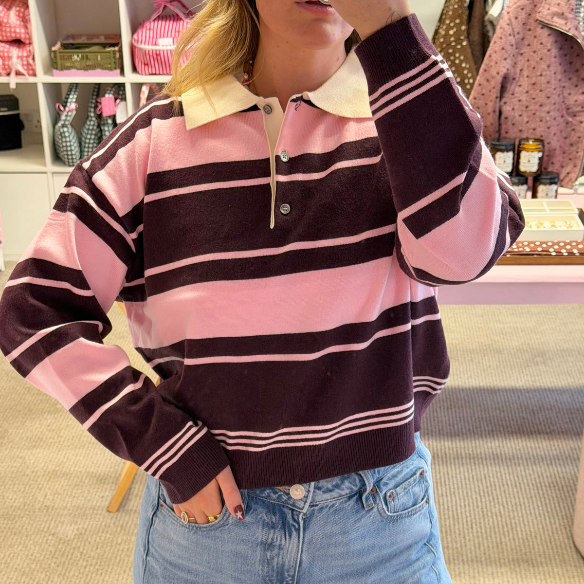 Burgundy & Pink Cropped Polo Fit Jumper