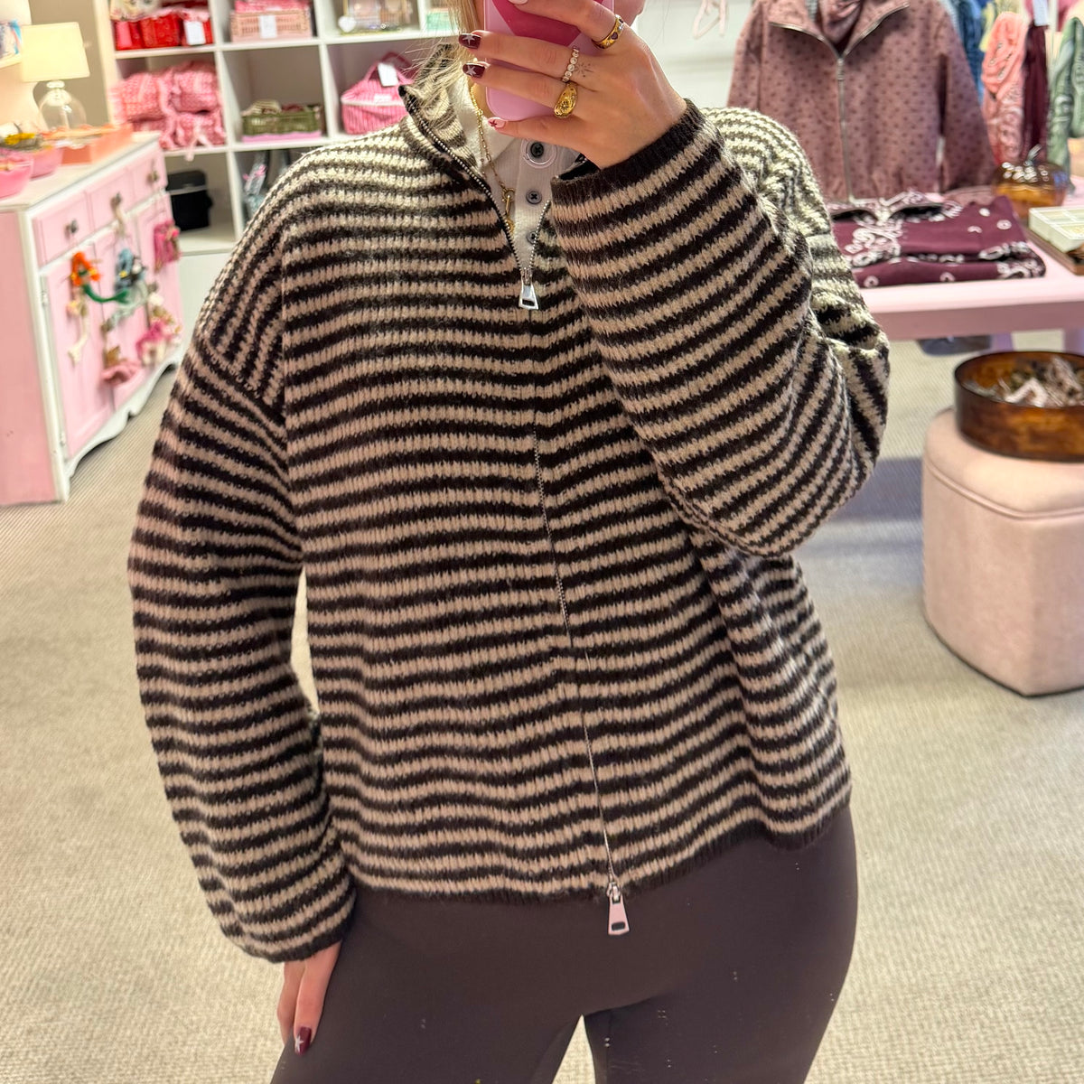 Brown & Beige Funnel Neck Zip Up Cardigan
