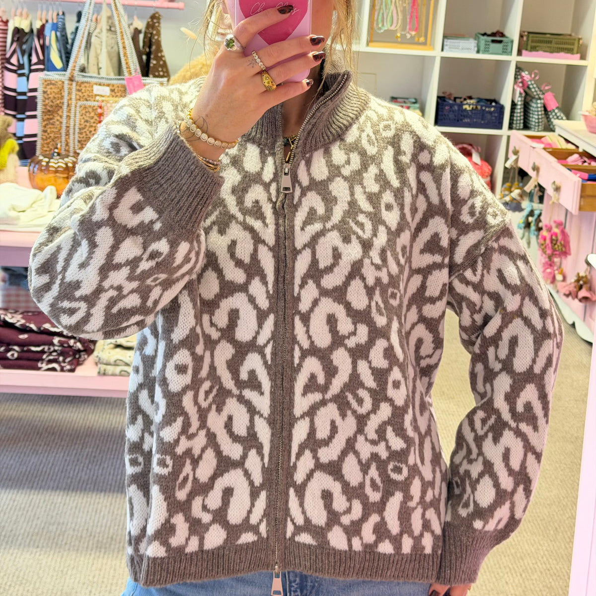 Animal Print Beige Oversize Loose Zip Up Cardigan