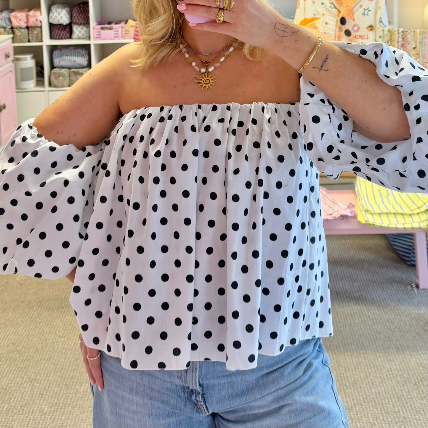 White & Black Polka Dot Off The Shoulder Blouse