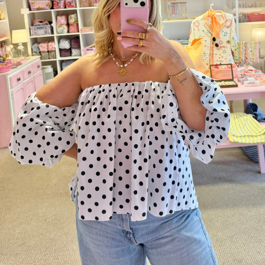 White & Black Polka Dot Off The Shoulder Blouse