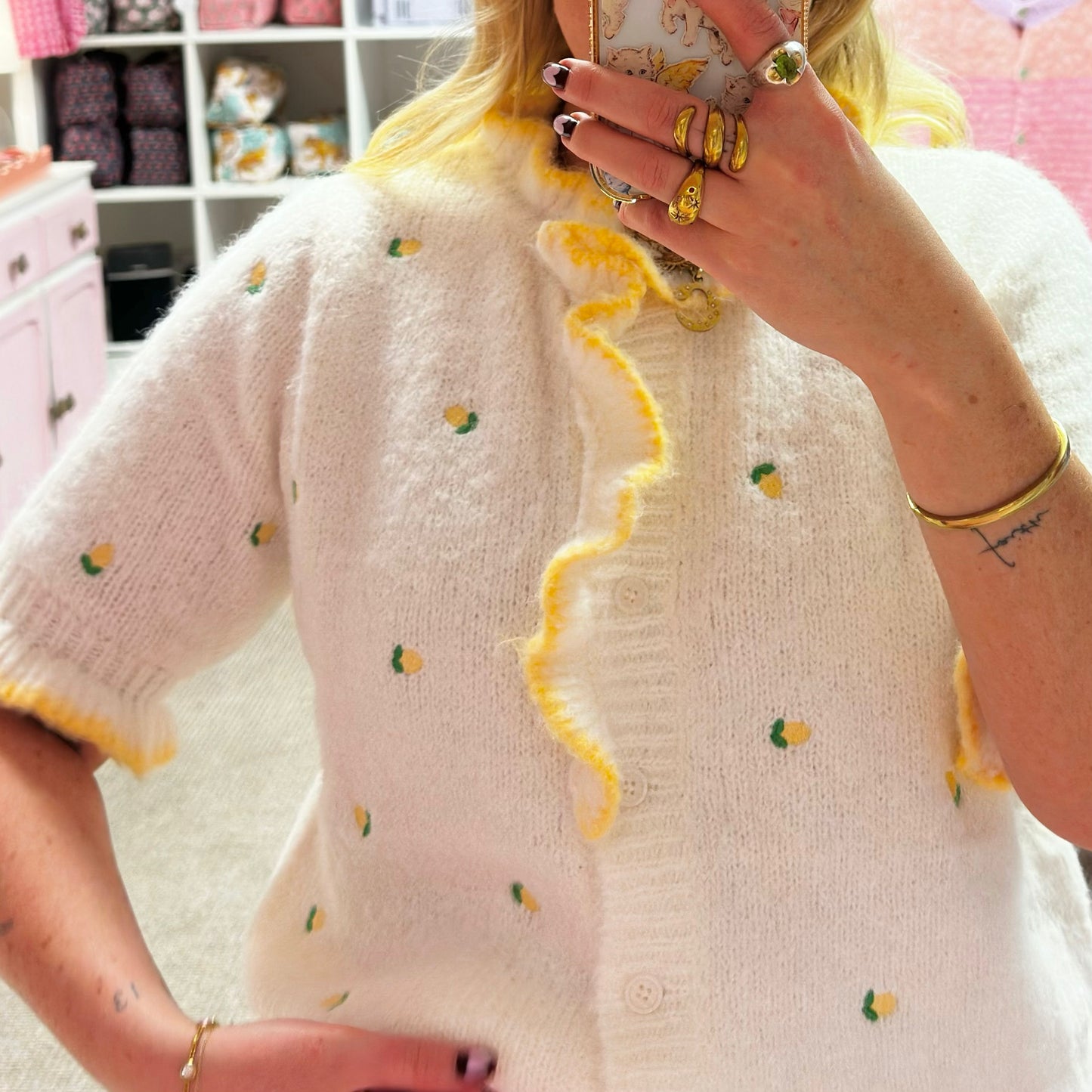 🍋 White & Lemon Short Sleeve Cardigan With Lemon Embroidery