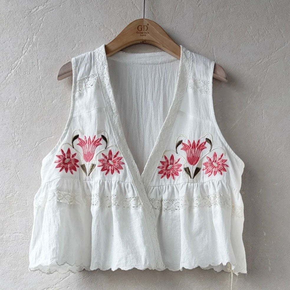 Boho Floral Design White Waistcoat Blouse