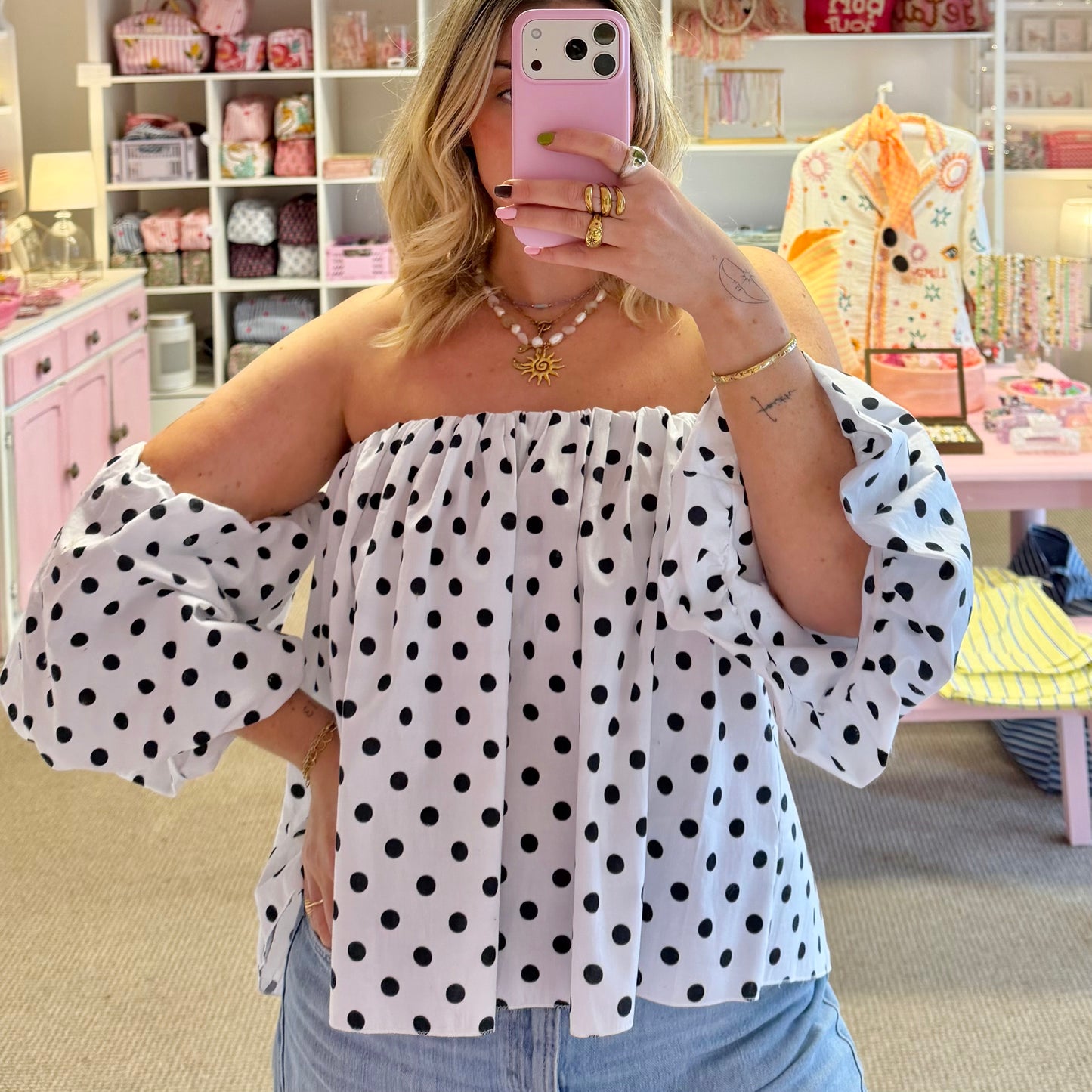 White & Black Polka Dot Off The Shoulder Blouse
