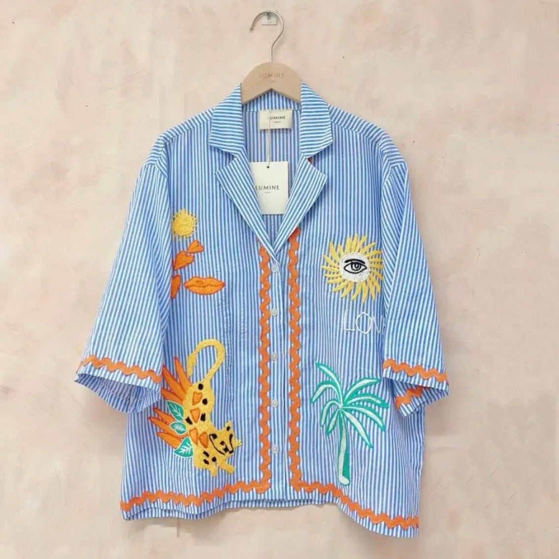 Embroidered Blue Striped Detailed Summer Cotton Shirt