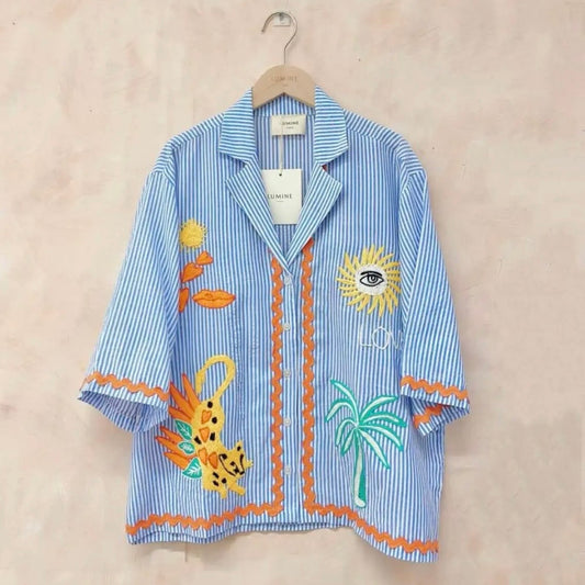 Embroidered Blue Striped Detailed Summer Cotton Shirt