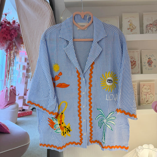 Embroidered Blue Striped Detailed Summer Cotton Shirt