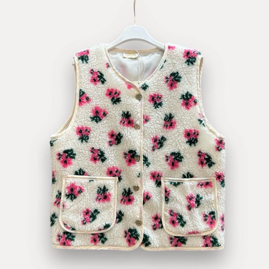 Floral Print Sleeveless Faux Fur Vest 🌸
