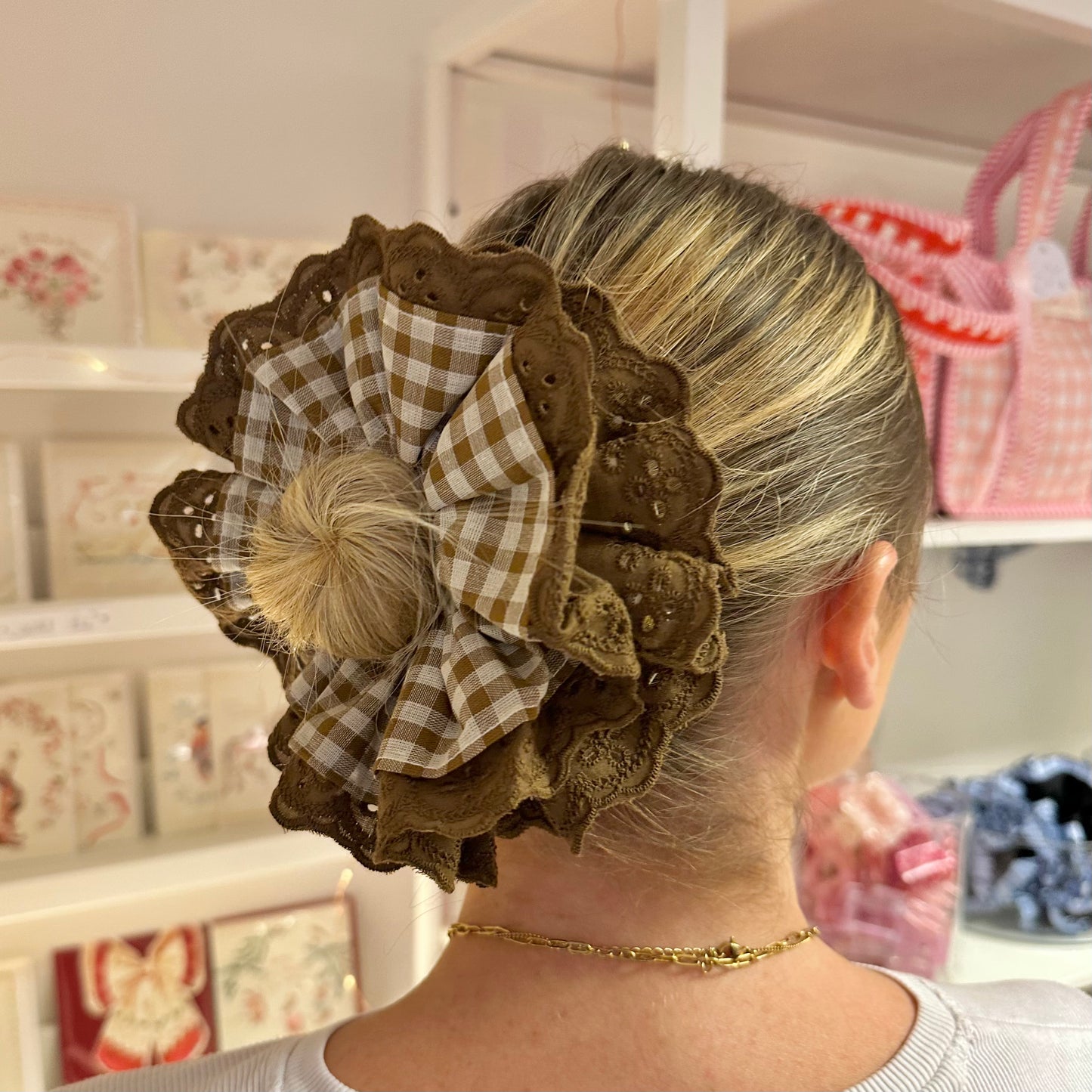 Brown Gingham Scrunchie With Brown Broderie Detail