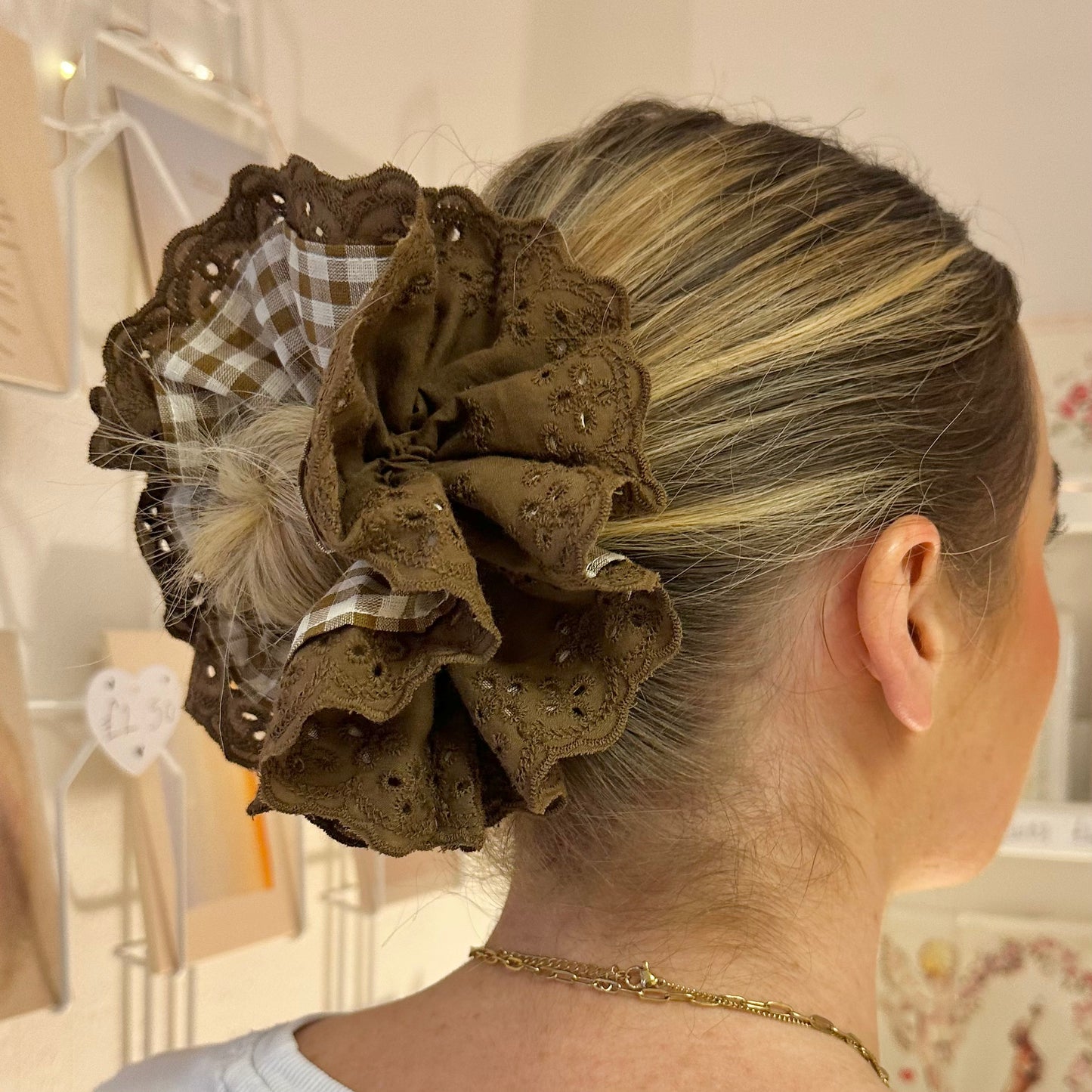 Brown Gingham Scrunchie With Brown Broderie Detail