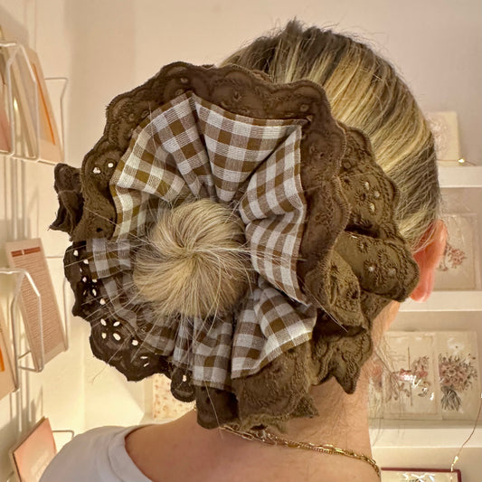 Brown Gingham Scrunchie With Brown Broderie Detail