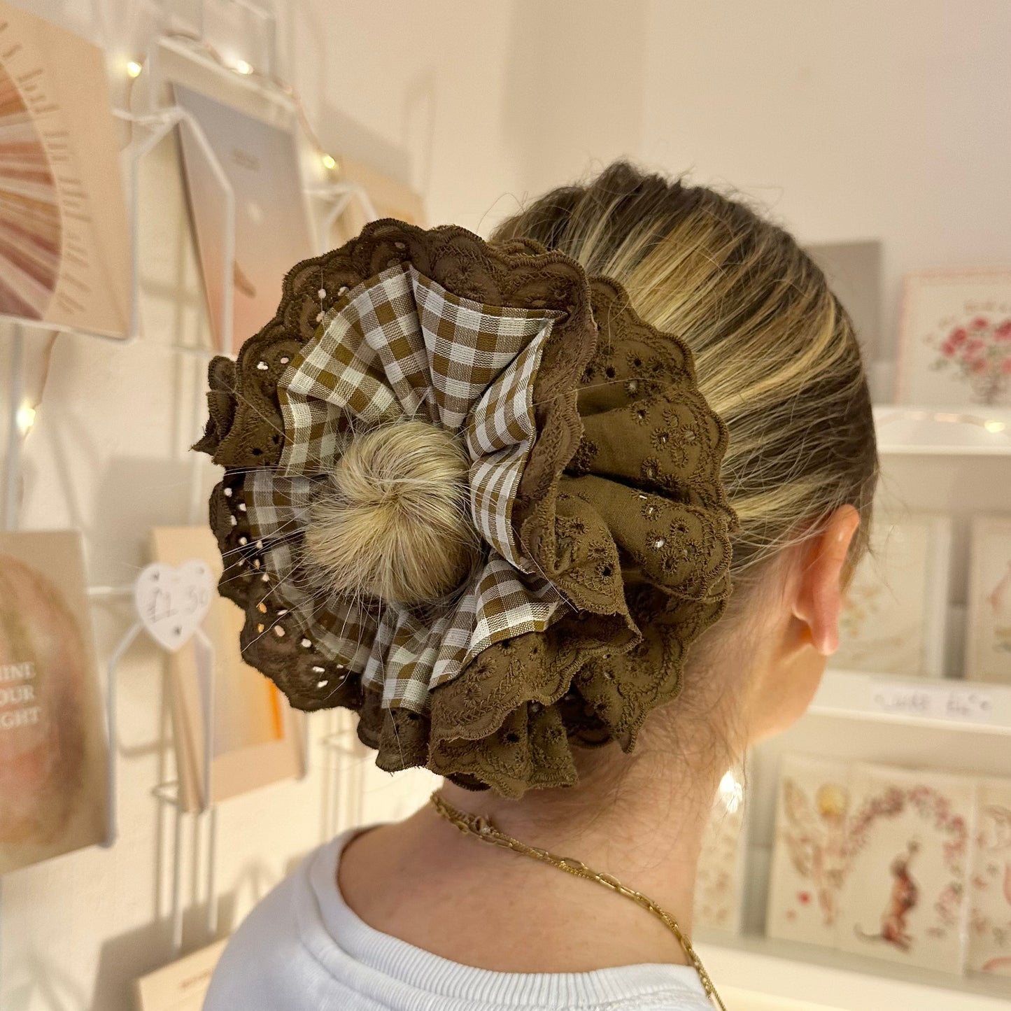 Brown Gingham Scrunchie With Brown Broderie Detail