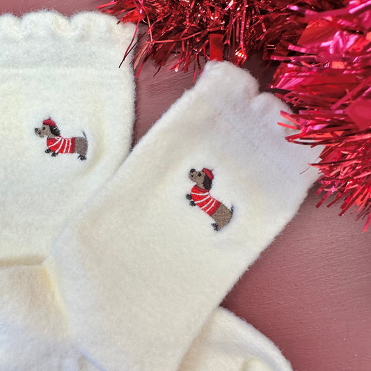 Dachshund Red Jumper Fluffy Bed Socks