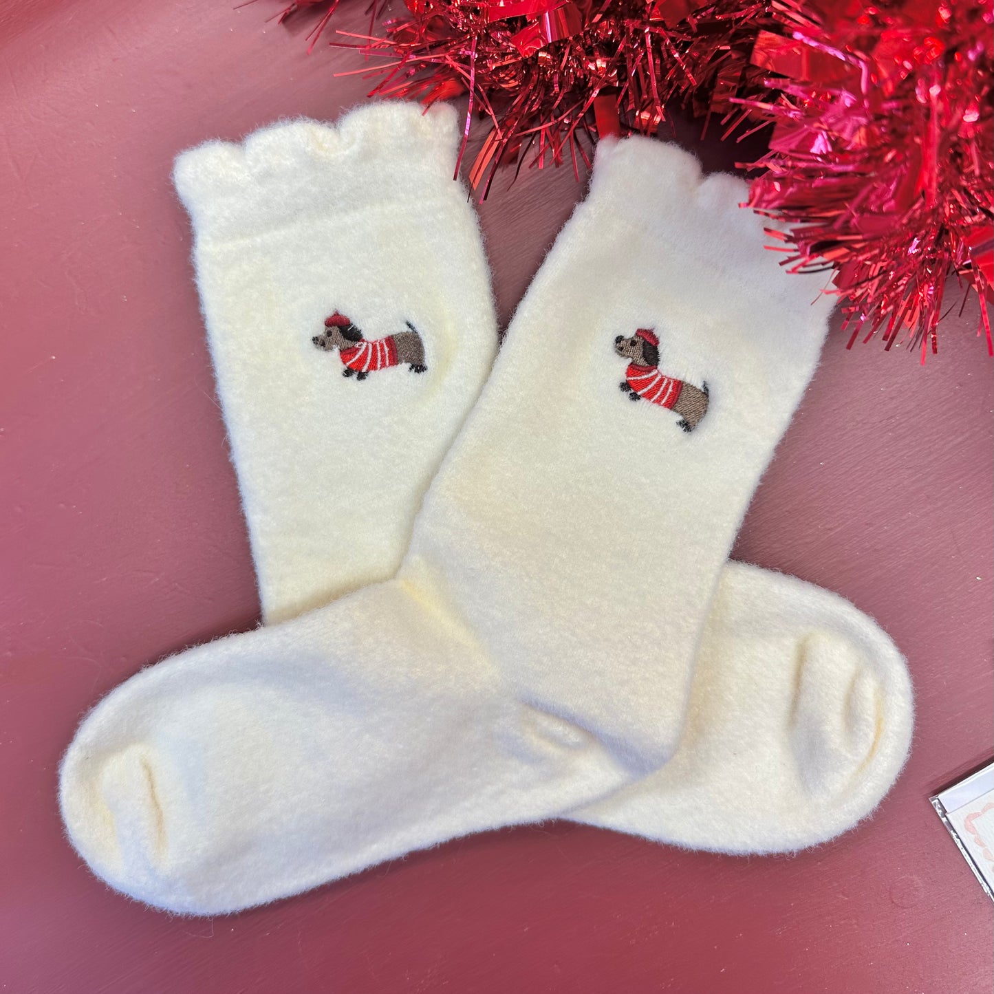 Dachshund Red Jumper Fluffy Bed Socks