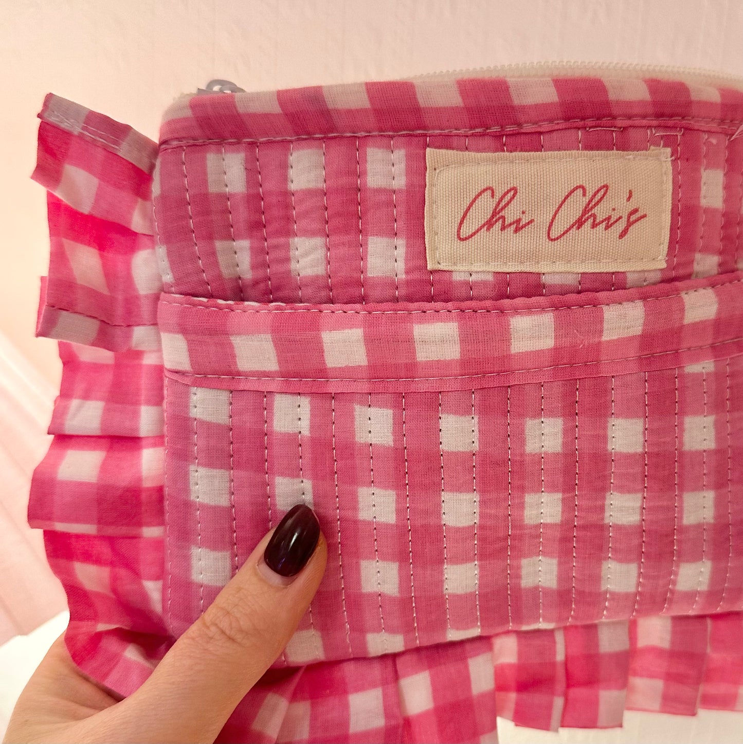 🩷NEW🩷 Pink Gingham Frill Side Pouch/Clutch With Front Pocket