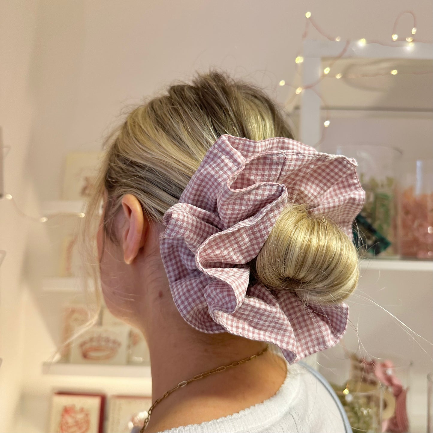 Double Layer Pink Gingham Scrunchie
