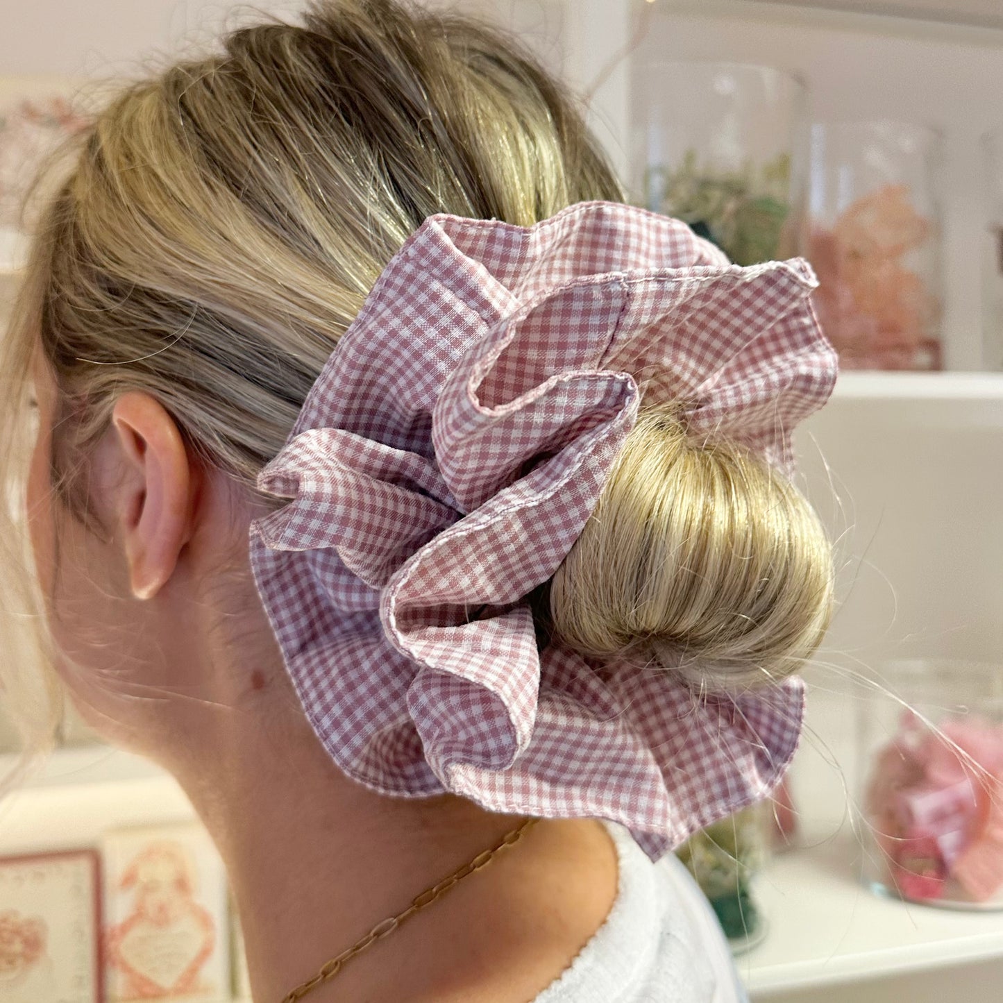 Double Layer Pink Gingham Scrunchie