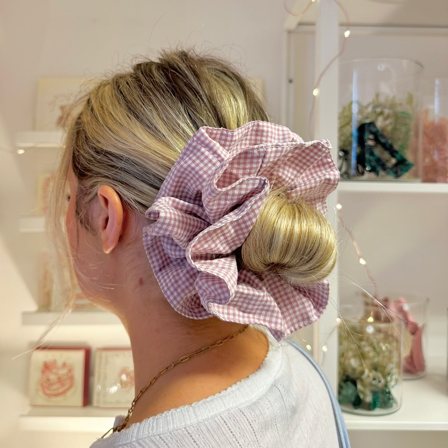Double Layer Pink Gingham Scrunchie