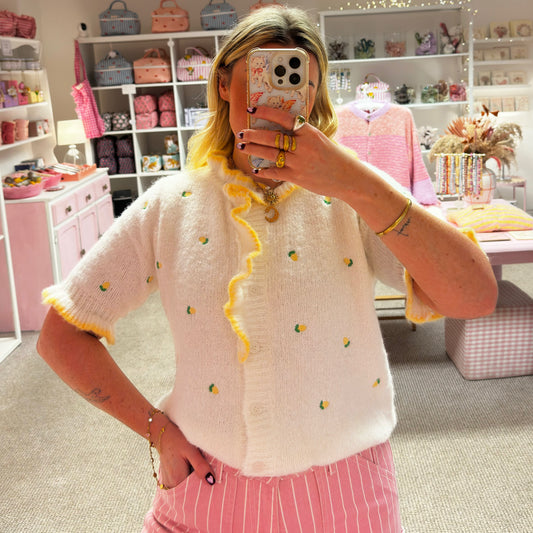 🍋 White & Lemon Short Sleeve Cardigan With Lemon Embroidery