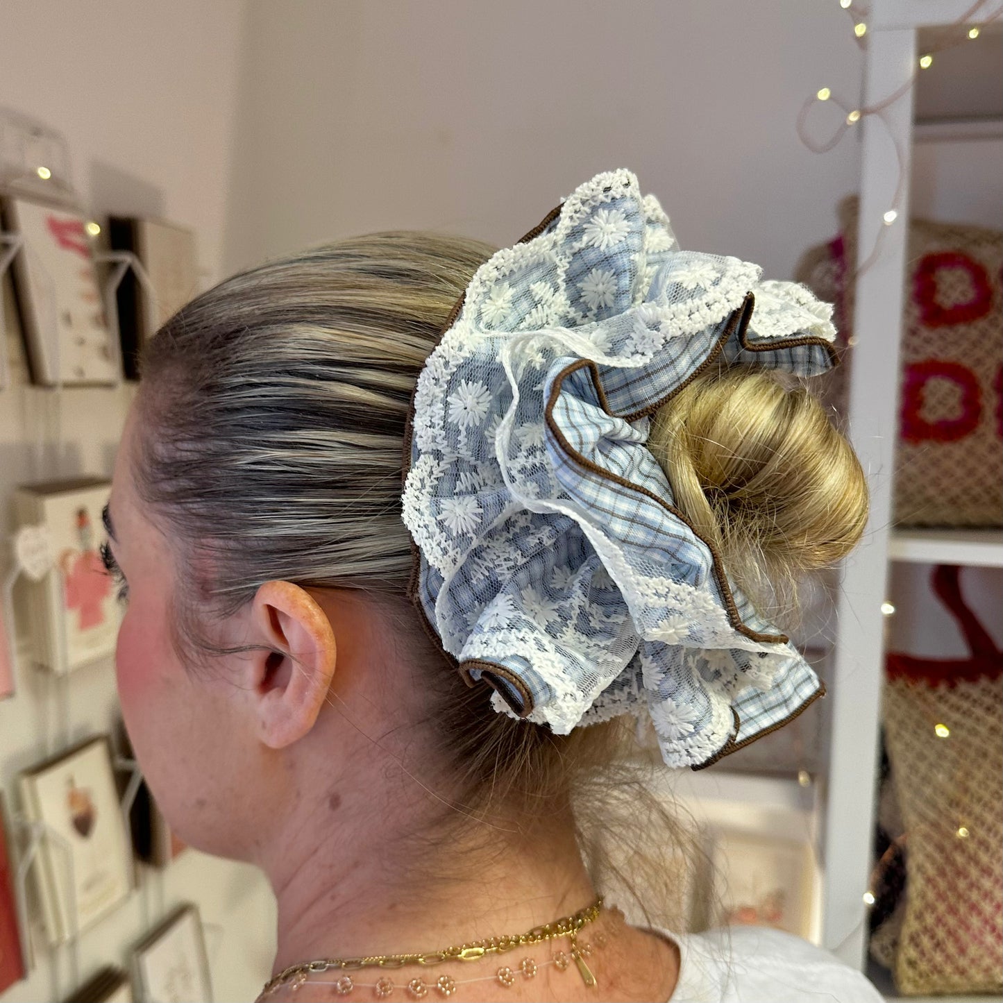 Reversible Blue Lace Checkered Scrunchie