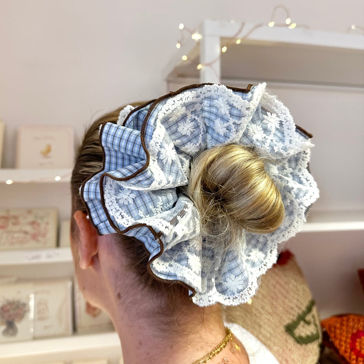 Reversible Blue Lace Checkered Scrunchie