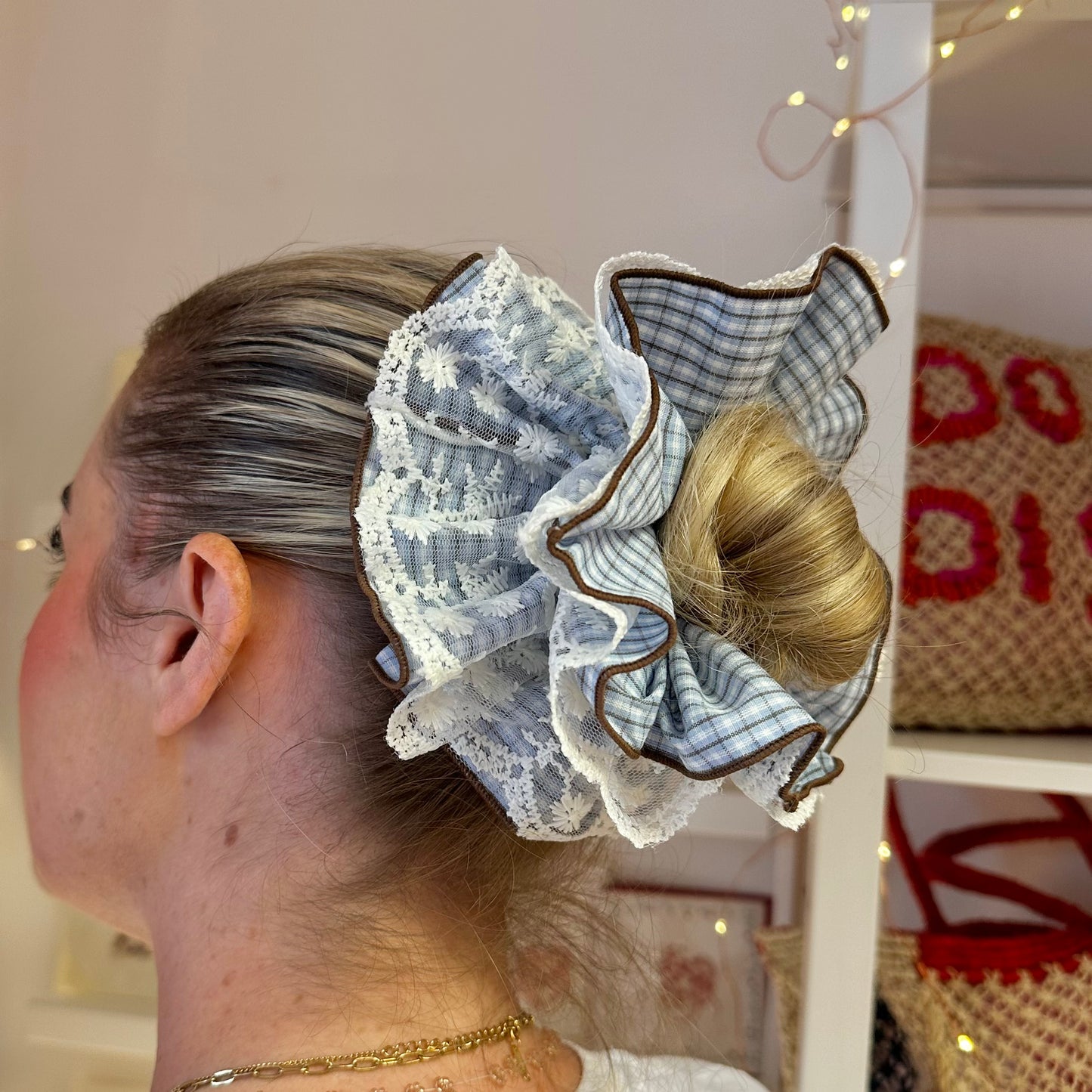 Reversible Blue Lace Checkered Scrunchie