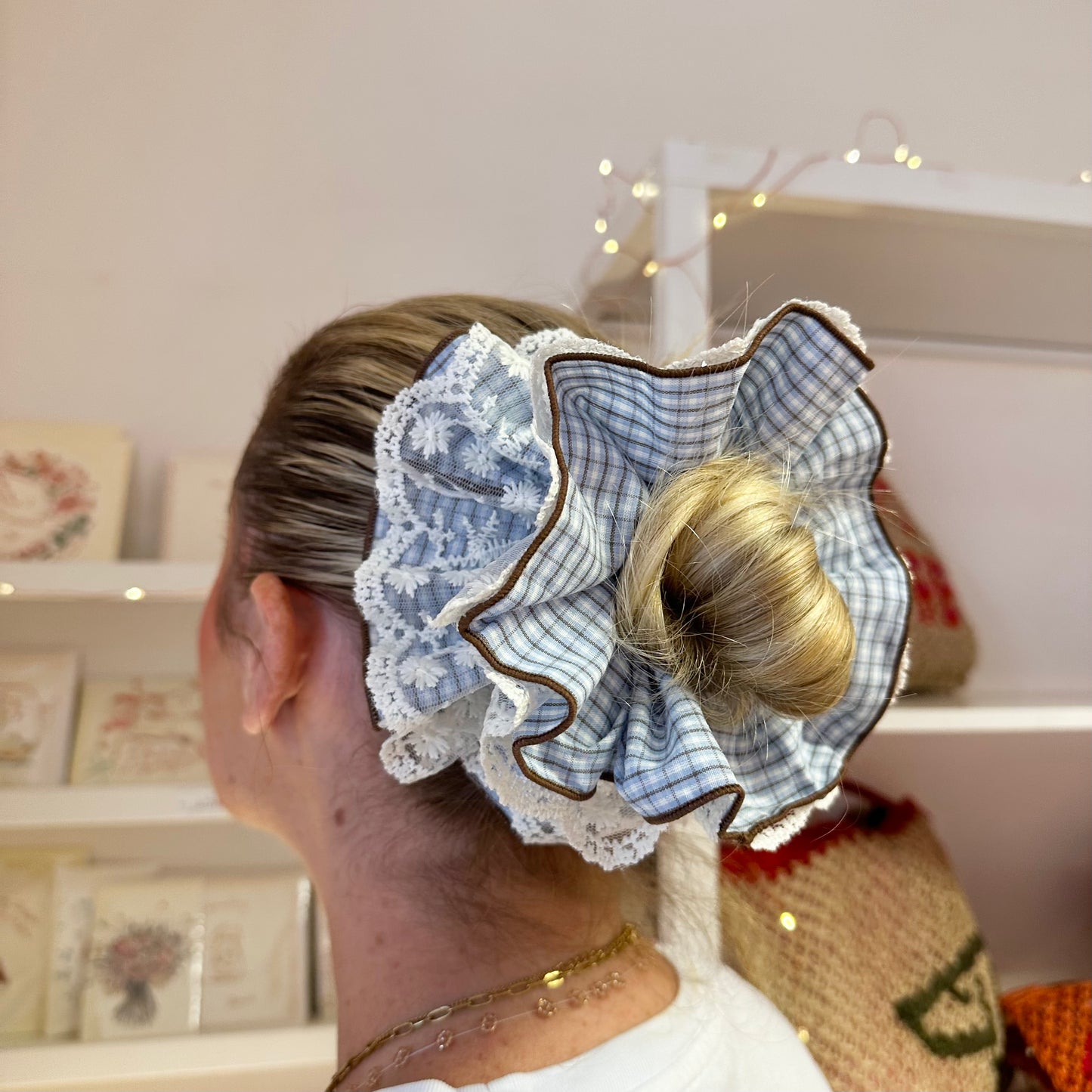 Reversible Blue Lace Checkered Scrunchie