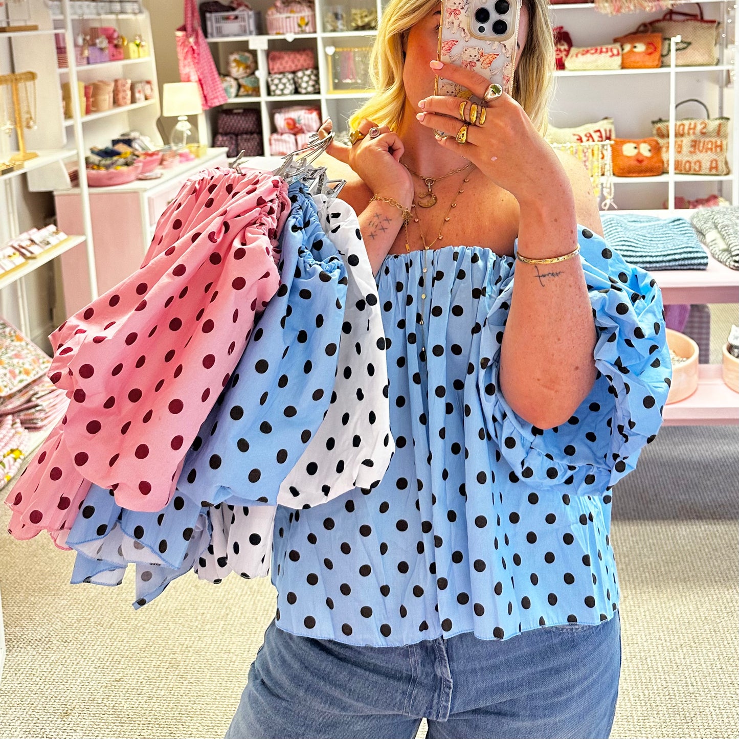 Blue Polka Dot Off The Shoulder Blouse