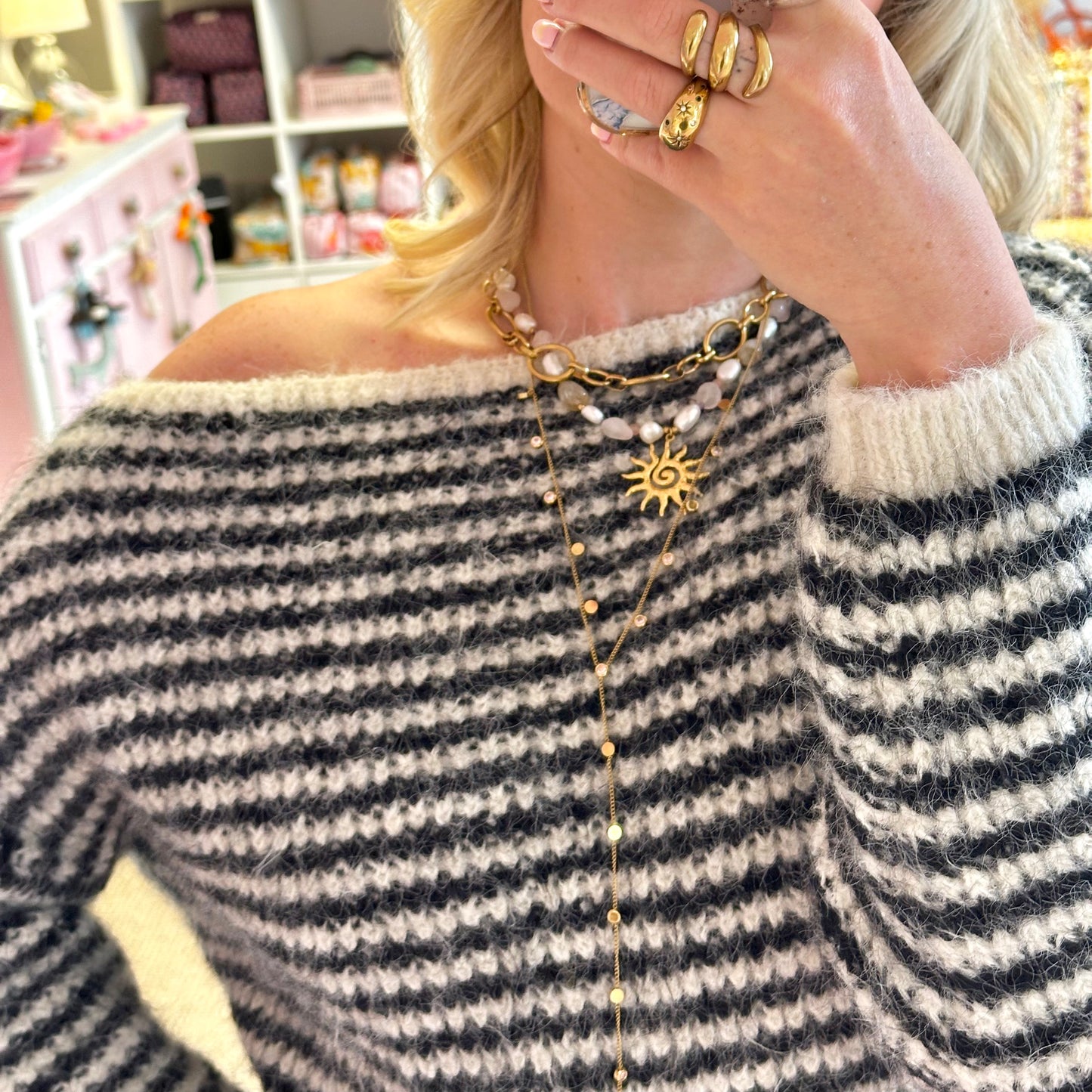Cream & Black Striped Off The Shoulder Jumper