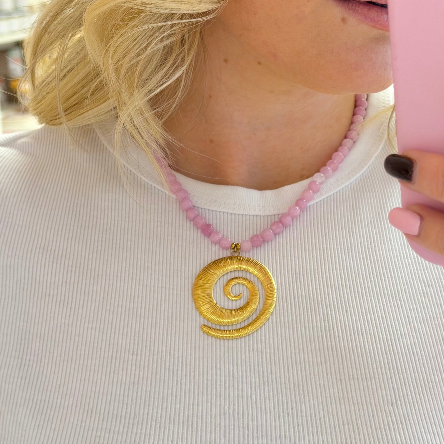 🩷 Blush Pink Beaded Swirl Pendant Necklace (Waterproof)