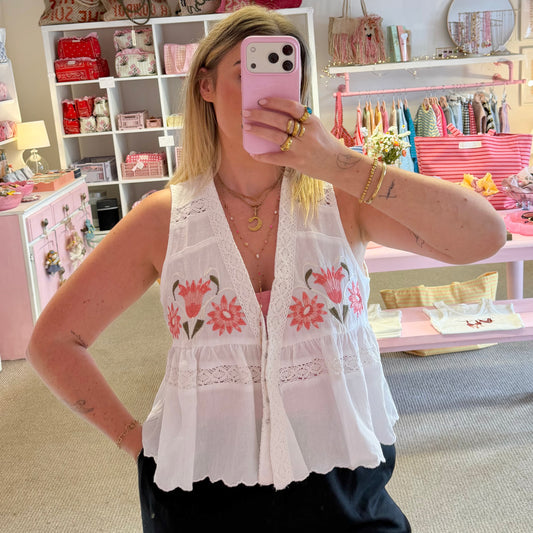 Boho Floral Design White Waistcoat Blouse