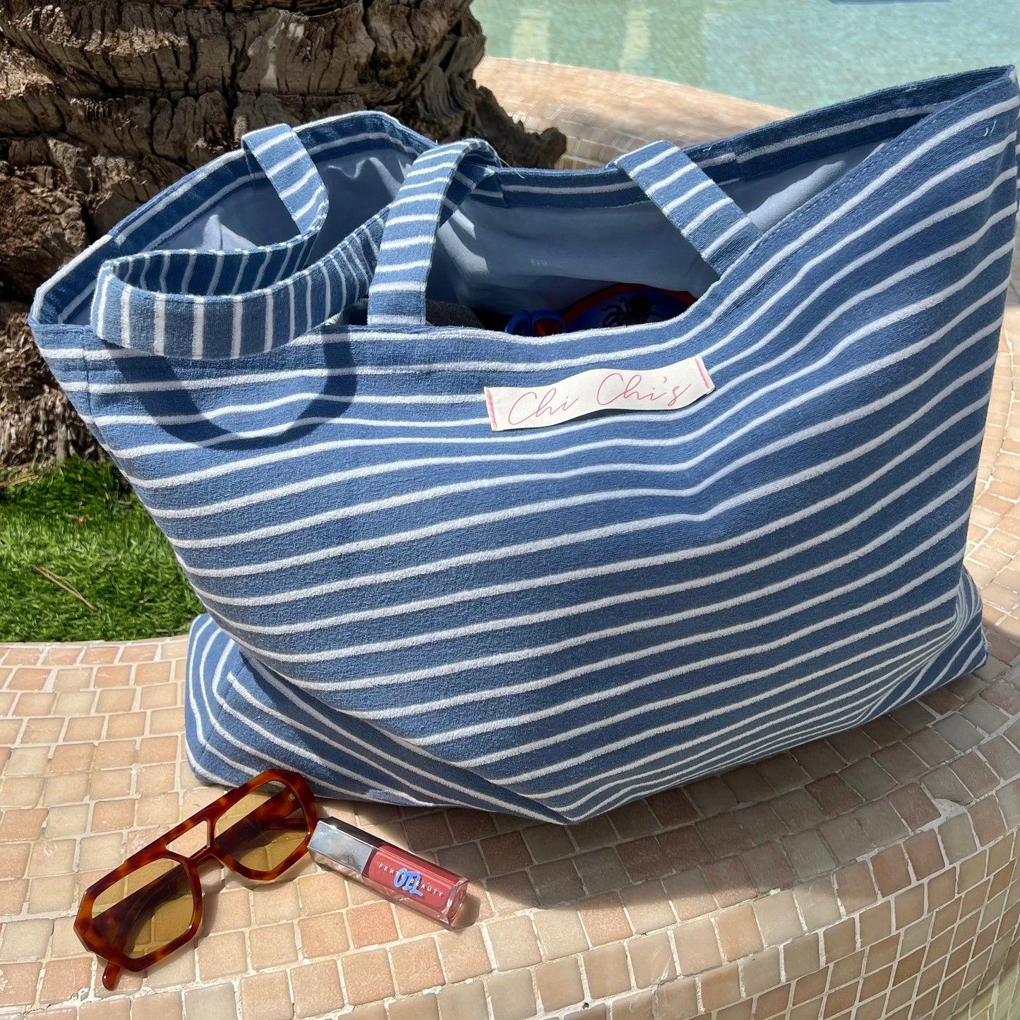 'Chi Chi's' Blue & White Stripe Terry Cloth Large Tote Bag 💙