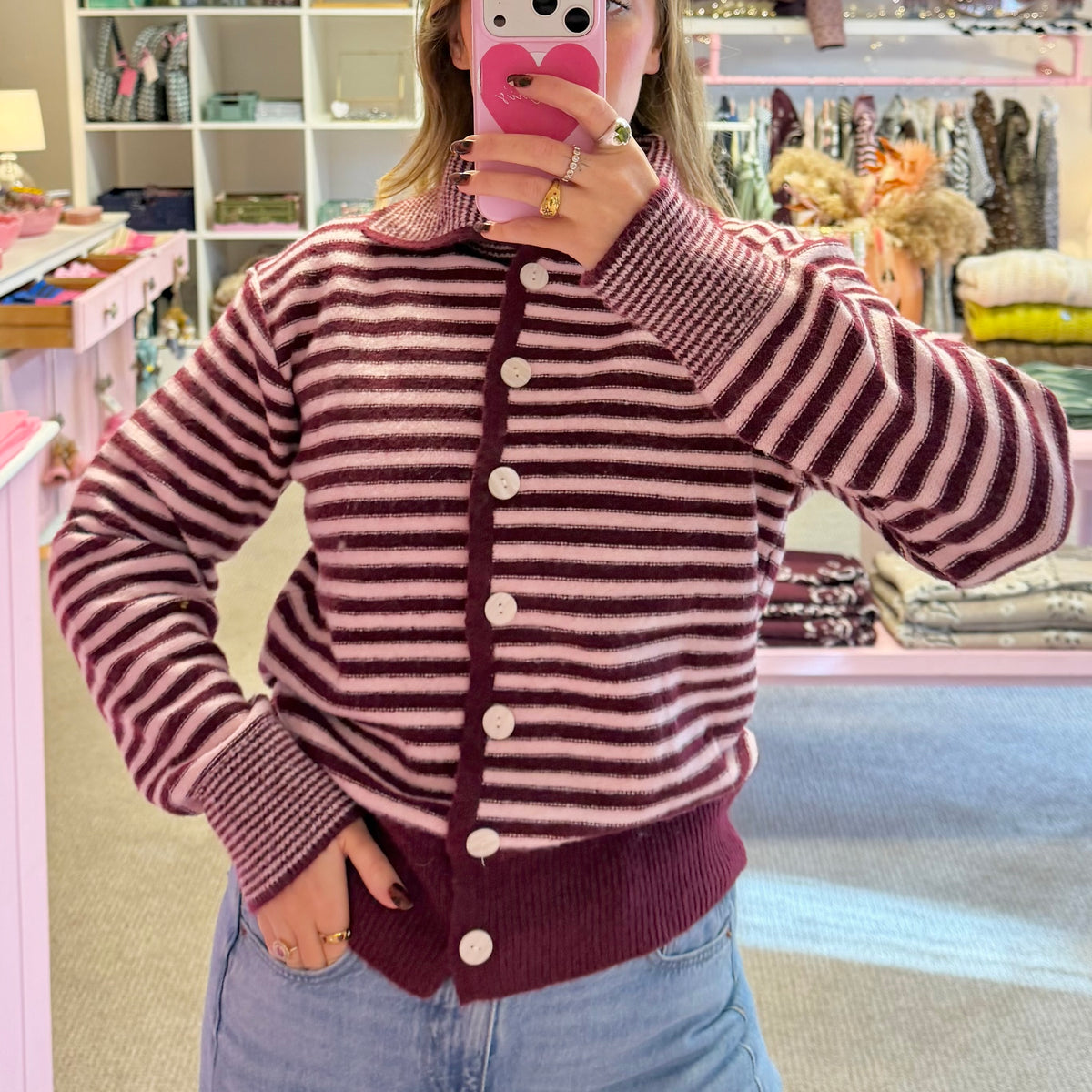 Burgundy & Pink Striped Knit Collar Cardigan