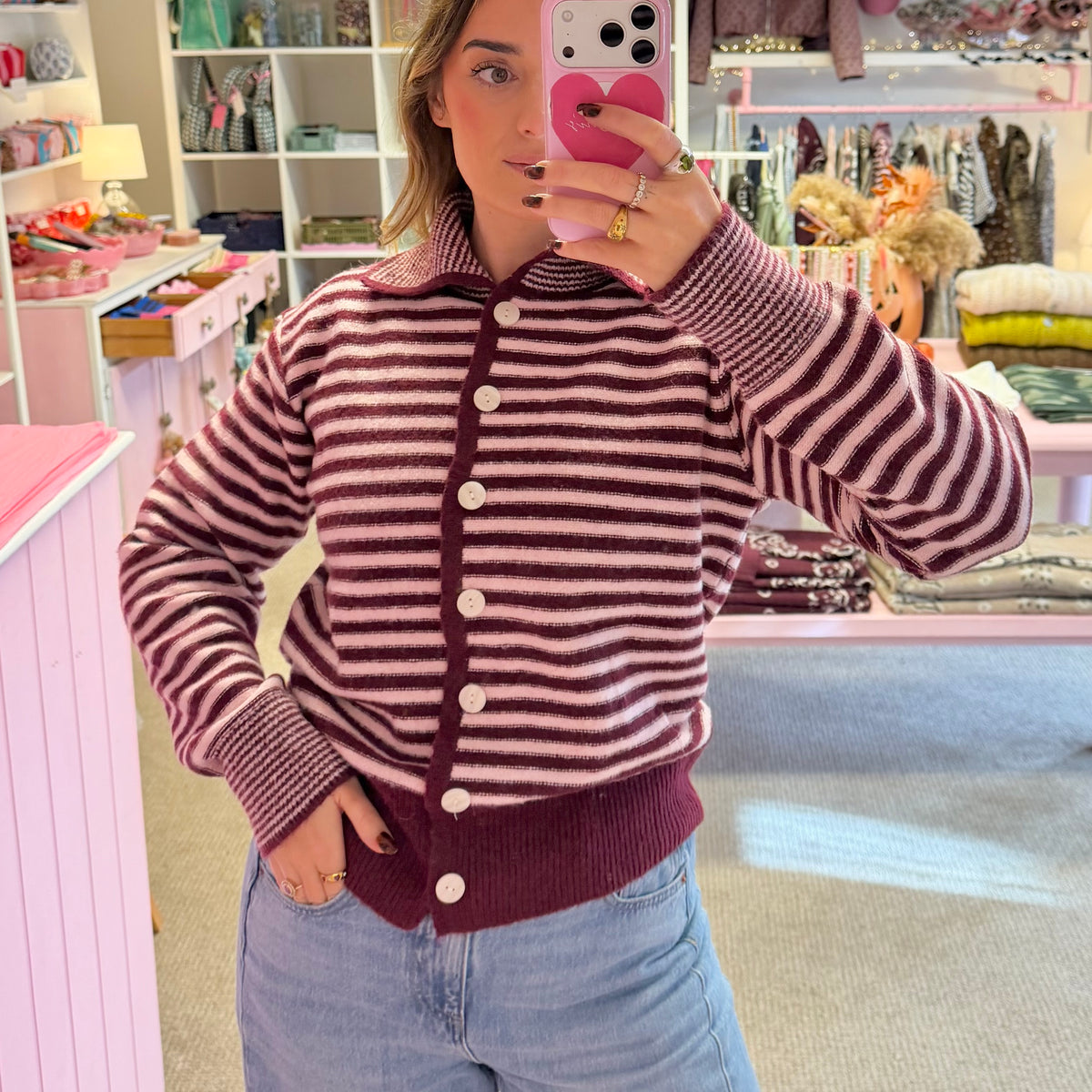 Burgundy & Pink Striped Knit Collar Cardigan
