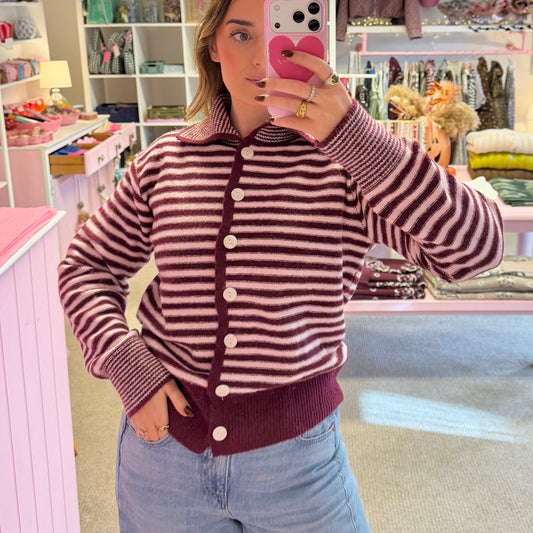 Burgundy & Pink Striped Knit Collar Cardigan