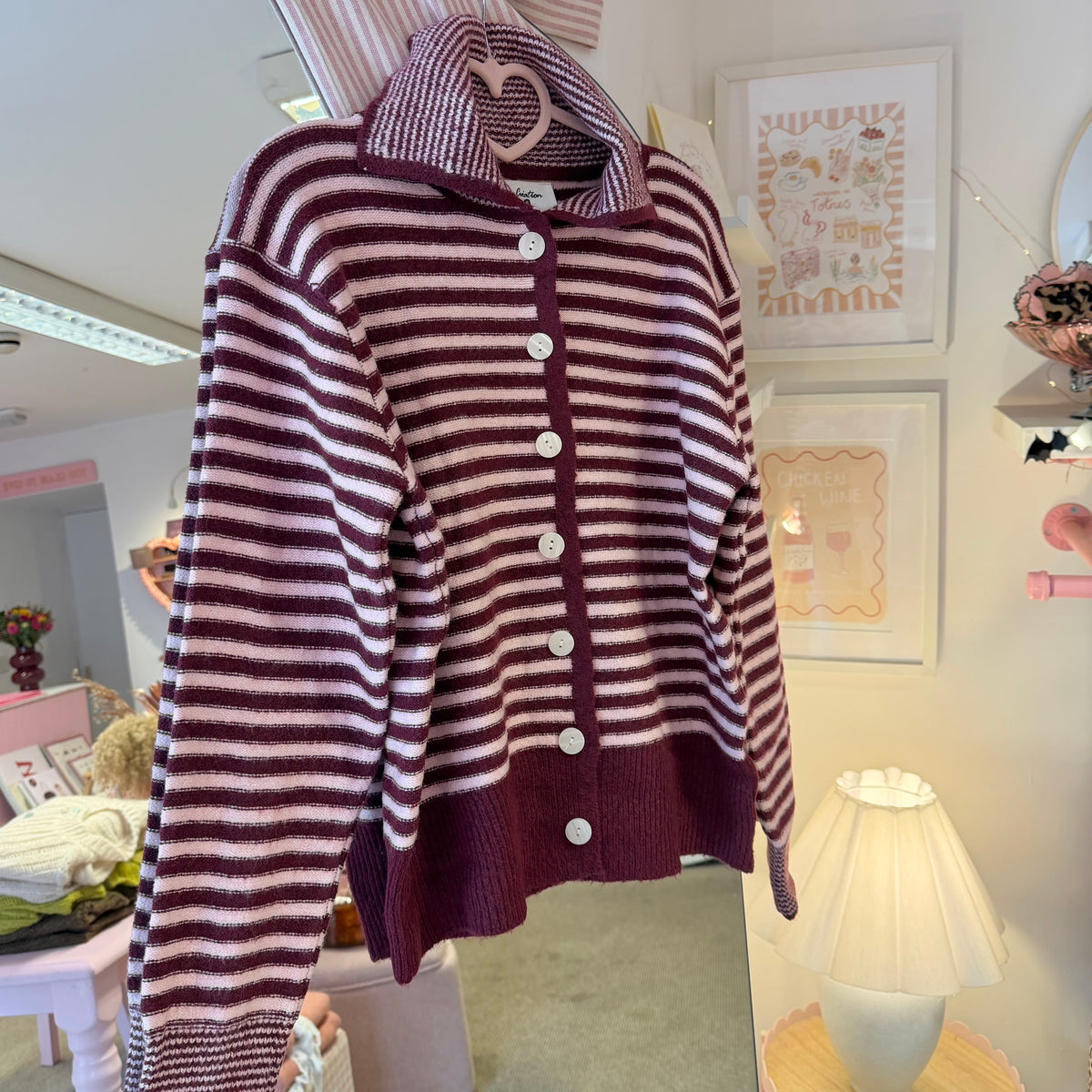 Burgundy & Pink Striped Knit Collar Cardigan