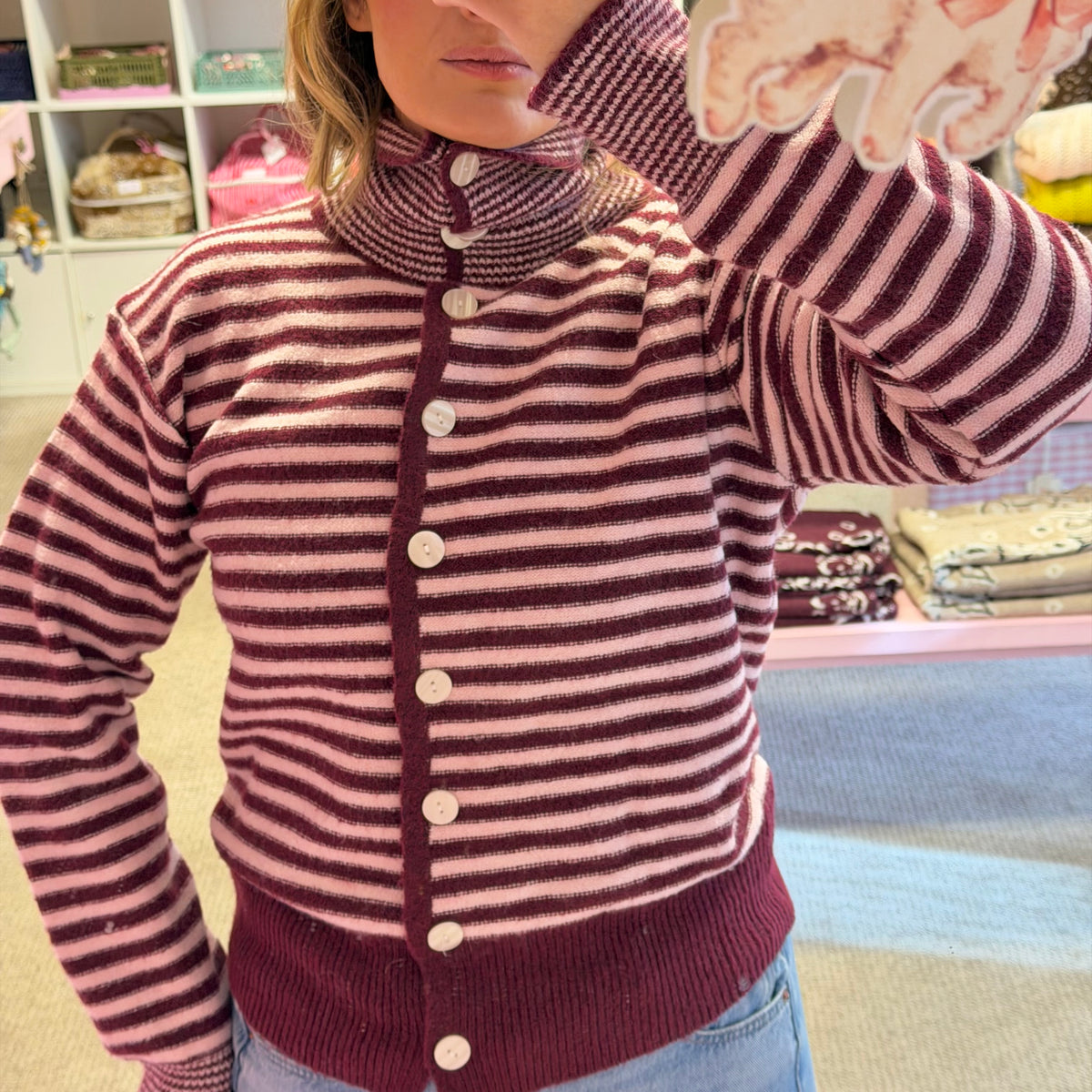 Burgundy & Pink Striped Knit Collar Cardigan