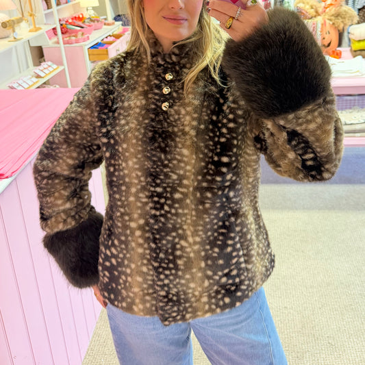 Brown Deer-Print Jacket with Fluffy Cuffs