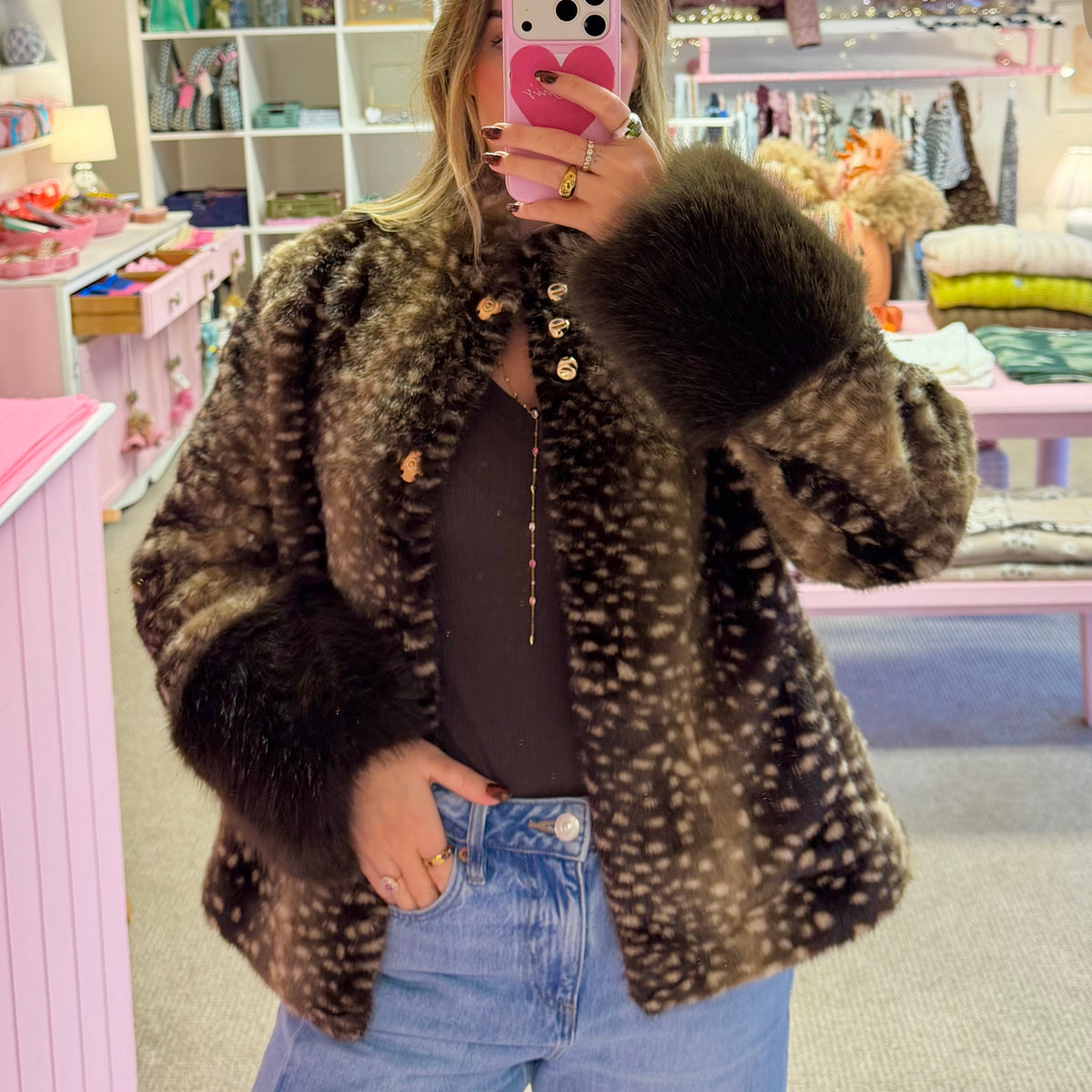 Brown Deer-Print Jacket with Fluffy Cuffs
