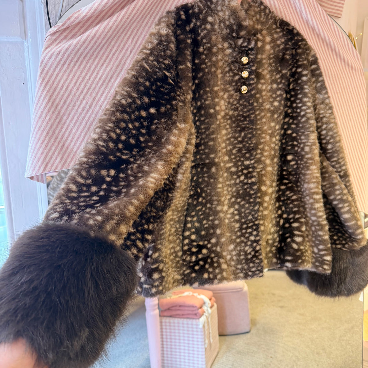 Brown Deer-Print Jacket with Fluffy Cuffs