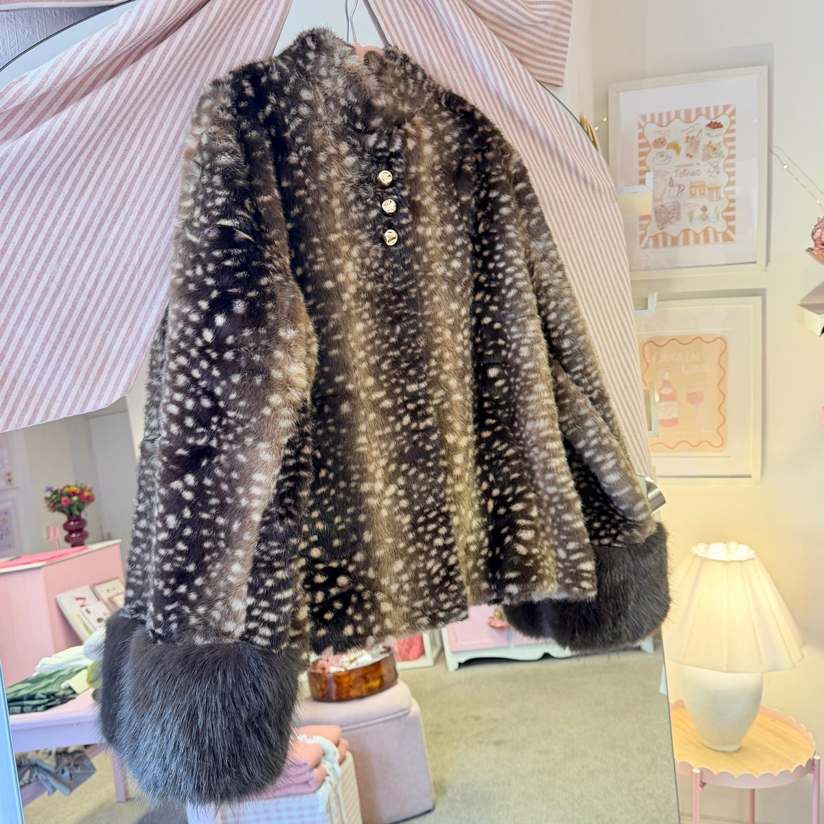 Brown Deer-Print Jacket with Fluffy Cuffs