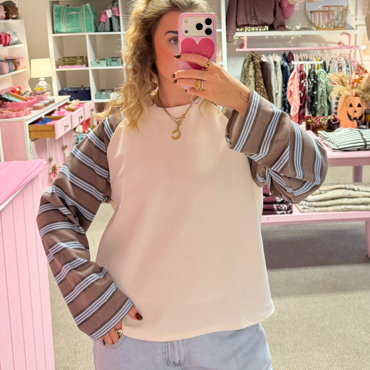Brown & Blue Stripe Long Sleeve Cotton Sweatshirt